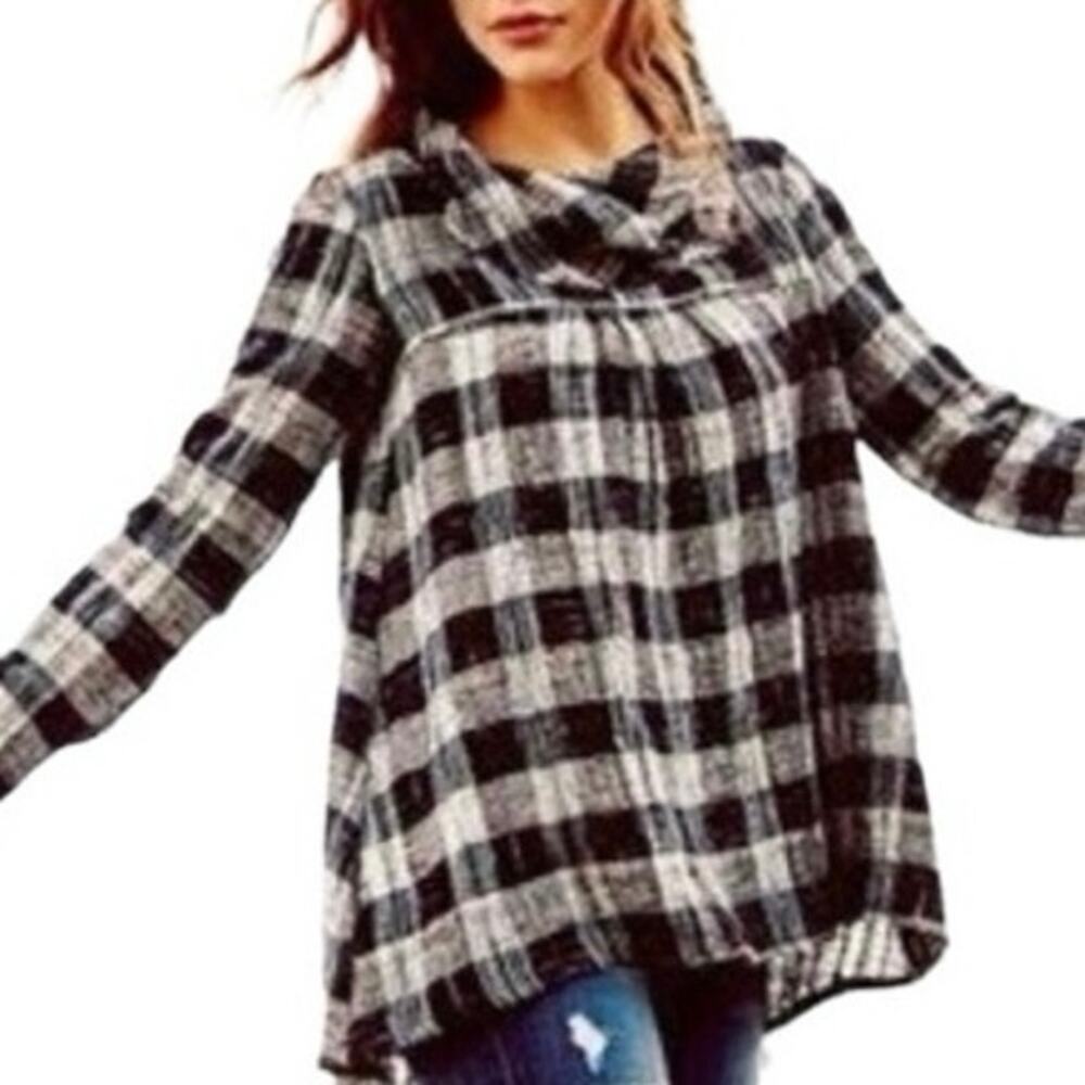 Free People Walk in the Park Plaid Burlap Cowl Pullover Tunic-XS